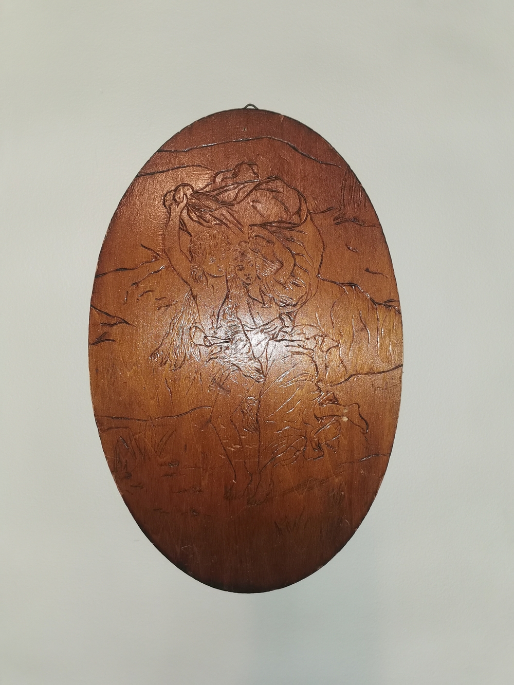 Antique 1900s Flemish Art Wooden Pyrography Oval Wall Plaque 15" x 9.75"
